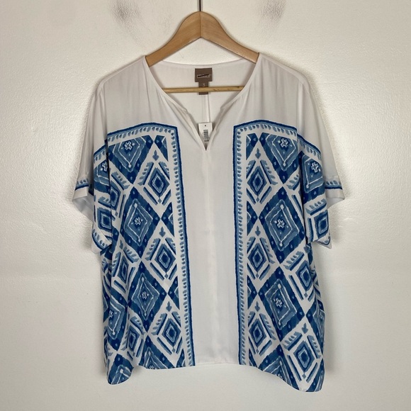 Chico's Exploded Ikat Crepe Top Size 4 US XXL V-Neck Chiffon Semi Sheer Summer - Picture 1 of 8
